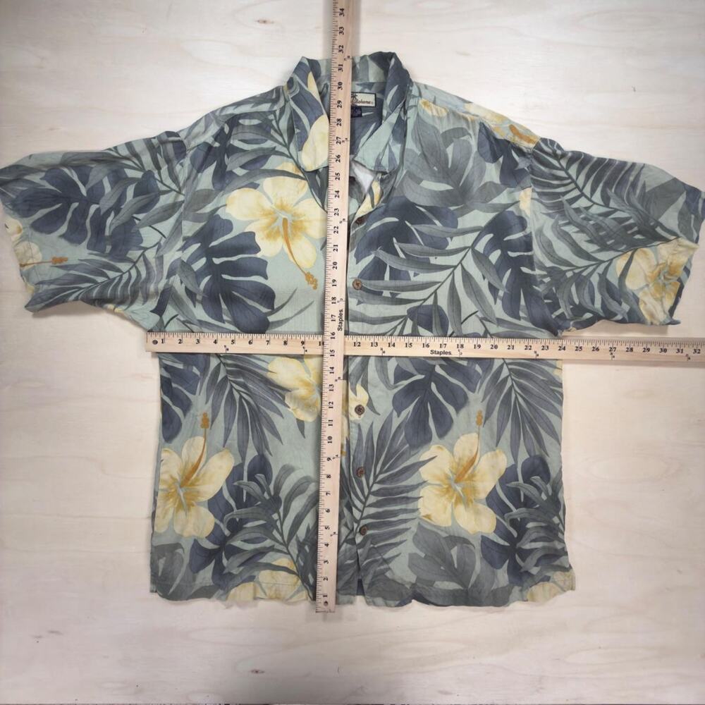 Tommy Bahama Mens L Silk Camp Shirt Sage Green Yellow Hibiscus Print